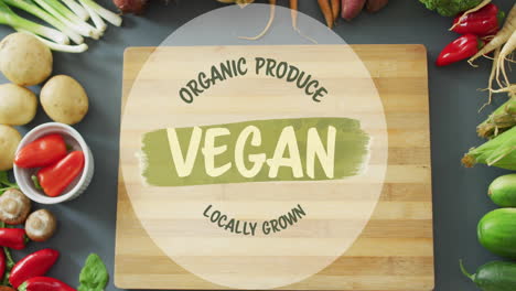 productos orgánicos veganos cultivados localmente animación sobre verduras en tabla de corte de madera