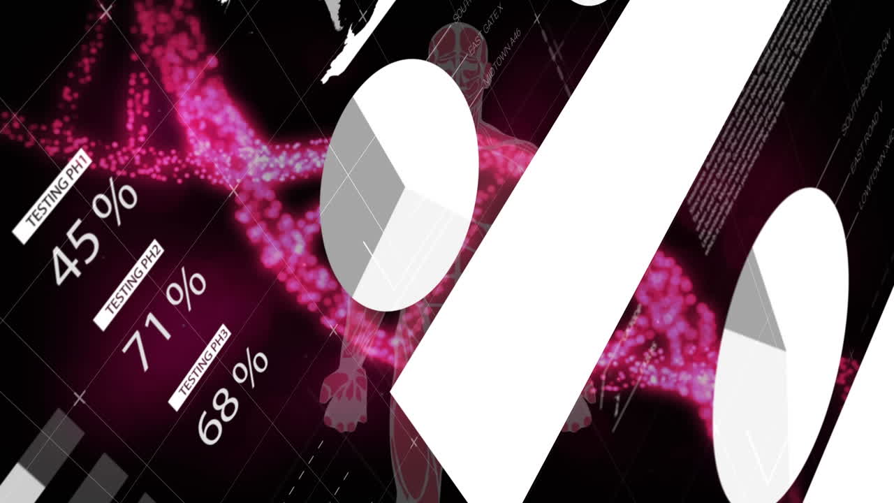 검은색 바탕에 디지털 인간과 dna 스트랜드에 대한 데이터 처리의 애니메이션.