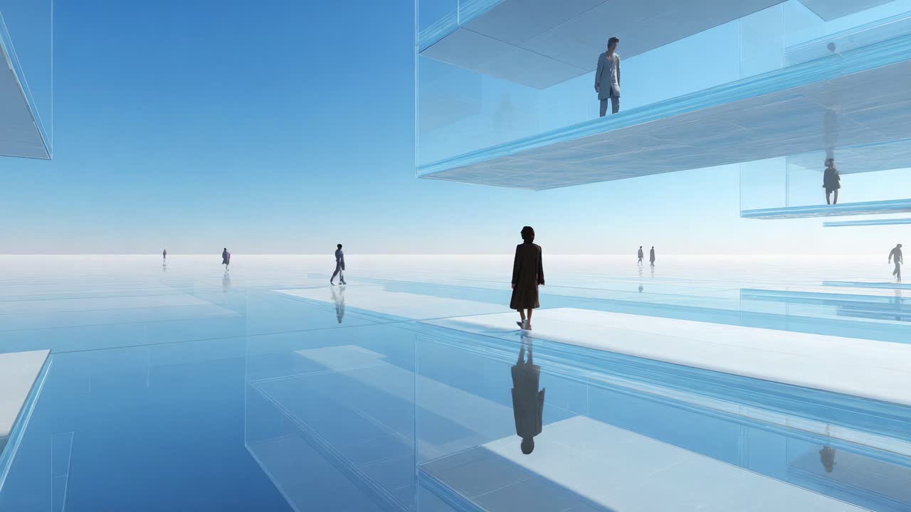 A Futuristic Urban Landscape Showcasing Transparent Structures and Reflections Under a Vast Blue Sky, Inviting Exploration and Contemplation of Human Existence Within an Innovative Environment