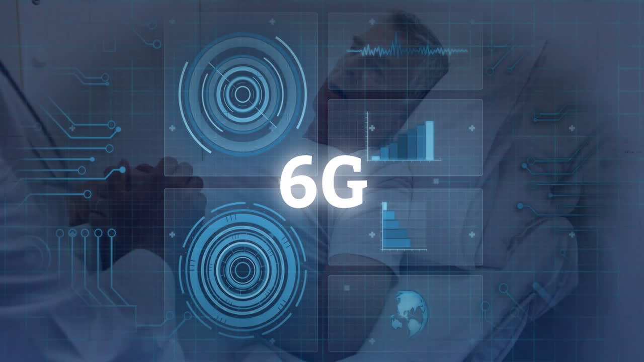 Two engineers examining 6G holographic interface in high?tech lab, displaying charts and globe icon