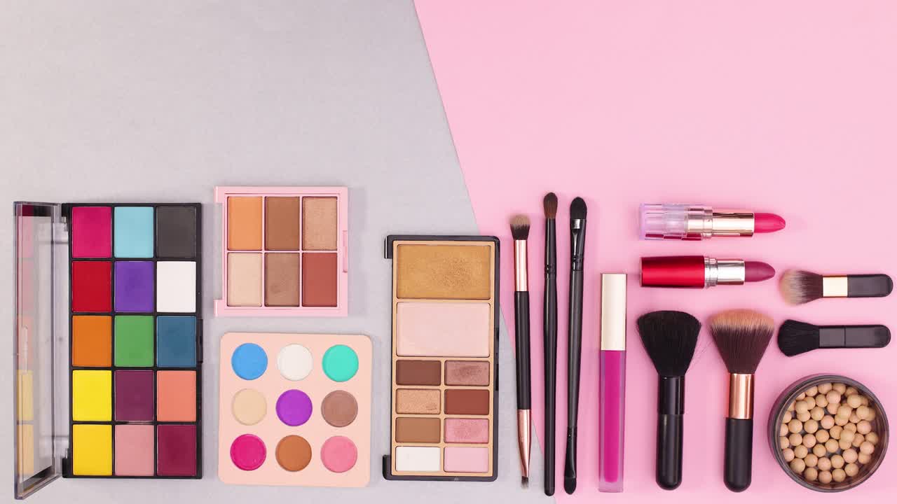 Make up beauty products move up and down on silver pink theme. Stop motion