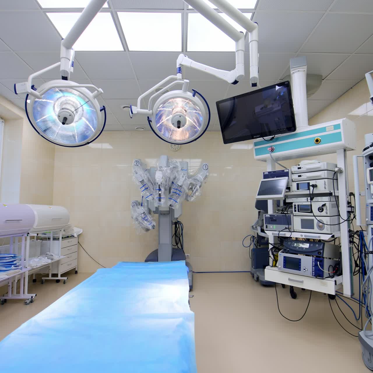 Modern surgical room with technological equipment. Empty operational theatre with Da Vinci robot and other devices and apparatuses