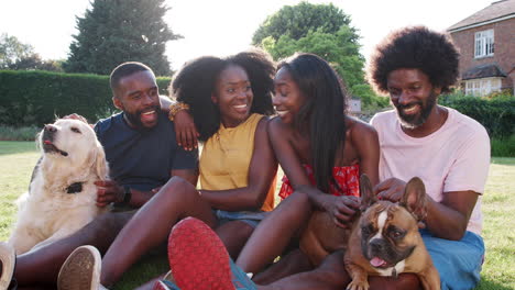 Dos-Parejas-Negras-Sentadas-En-El-Césped-Con-Sus-Perros-En-Verano