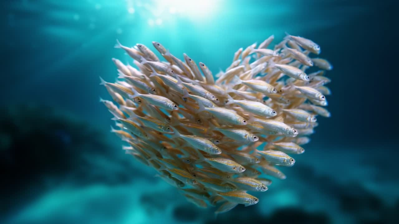 A Heart-Shaped School of Fish Glimmers in the Underwater Light, Symbolizing Unity and Beauty in the Ocean's Mystical Depths