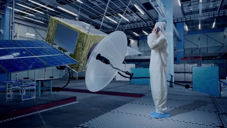 vista lateral del cuerpo completo del científico masculino asiático hablando en teléfono inteligente mientras está de pie con la construcción de la nave espacial
