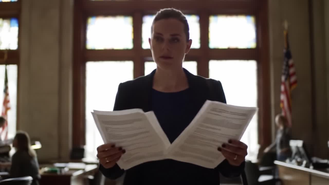 A woman stands in an elegant office, analyzing important documents. The large windows let in natural light, highlighting her focused expression as she prepares for a critical meeting.