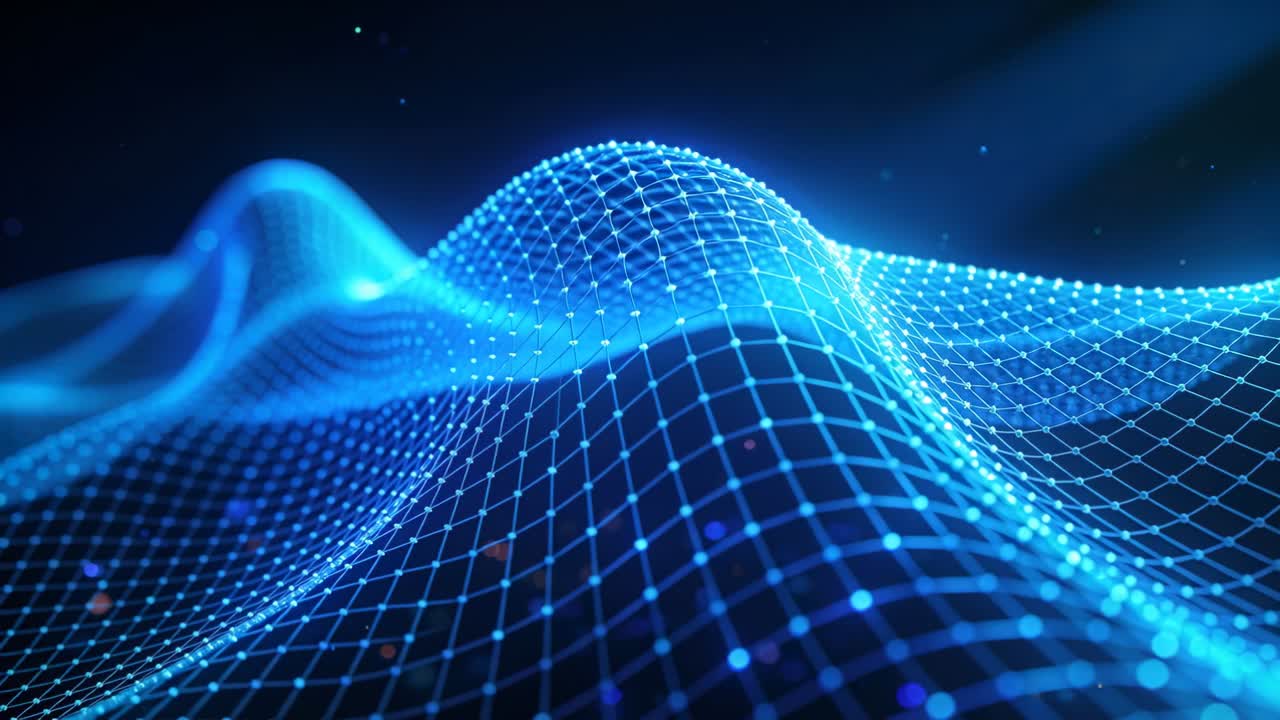 Rippling blue mesh grid moving across dark void as camera approach initiating motion, pulsing nodes