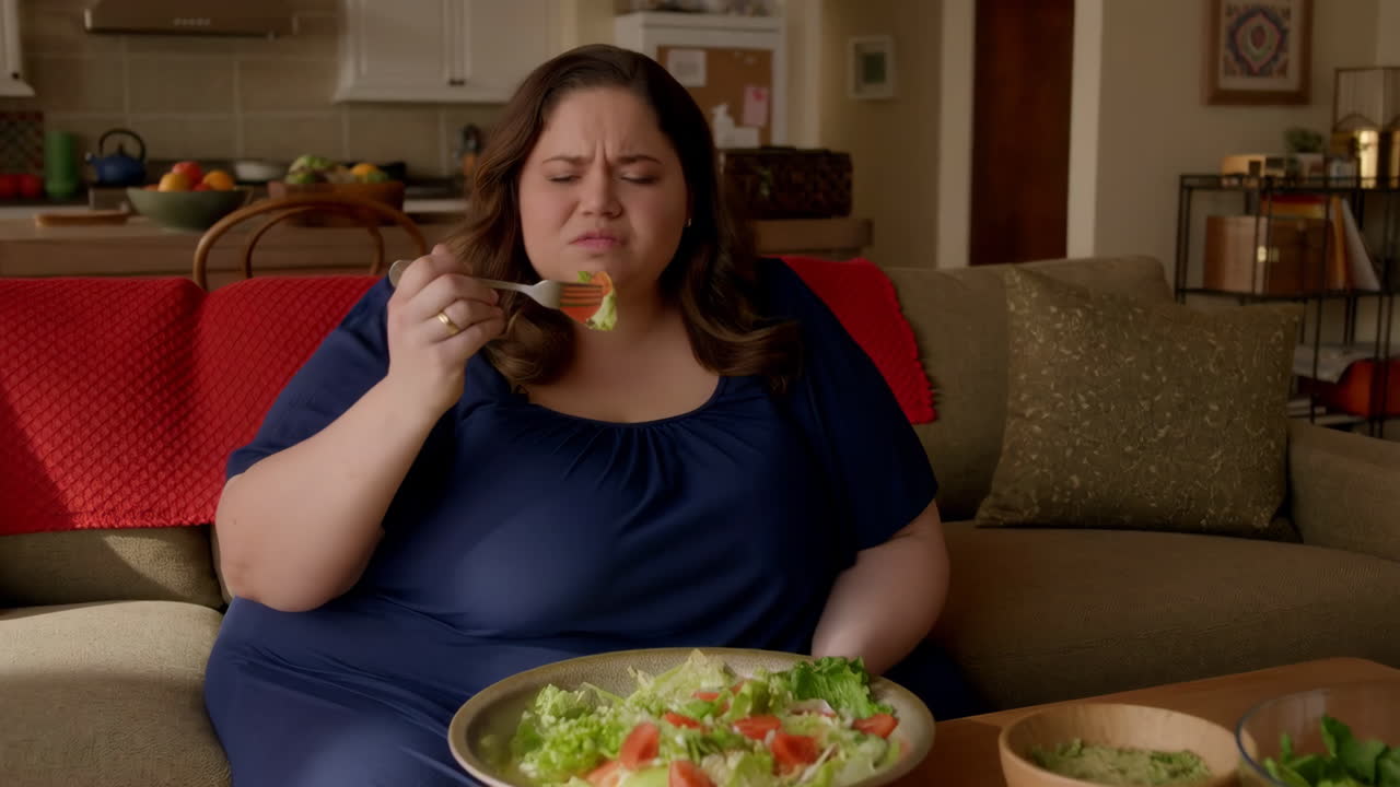 Disappunto di una donna mentre mangia un'insalata