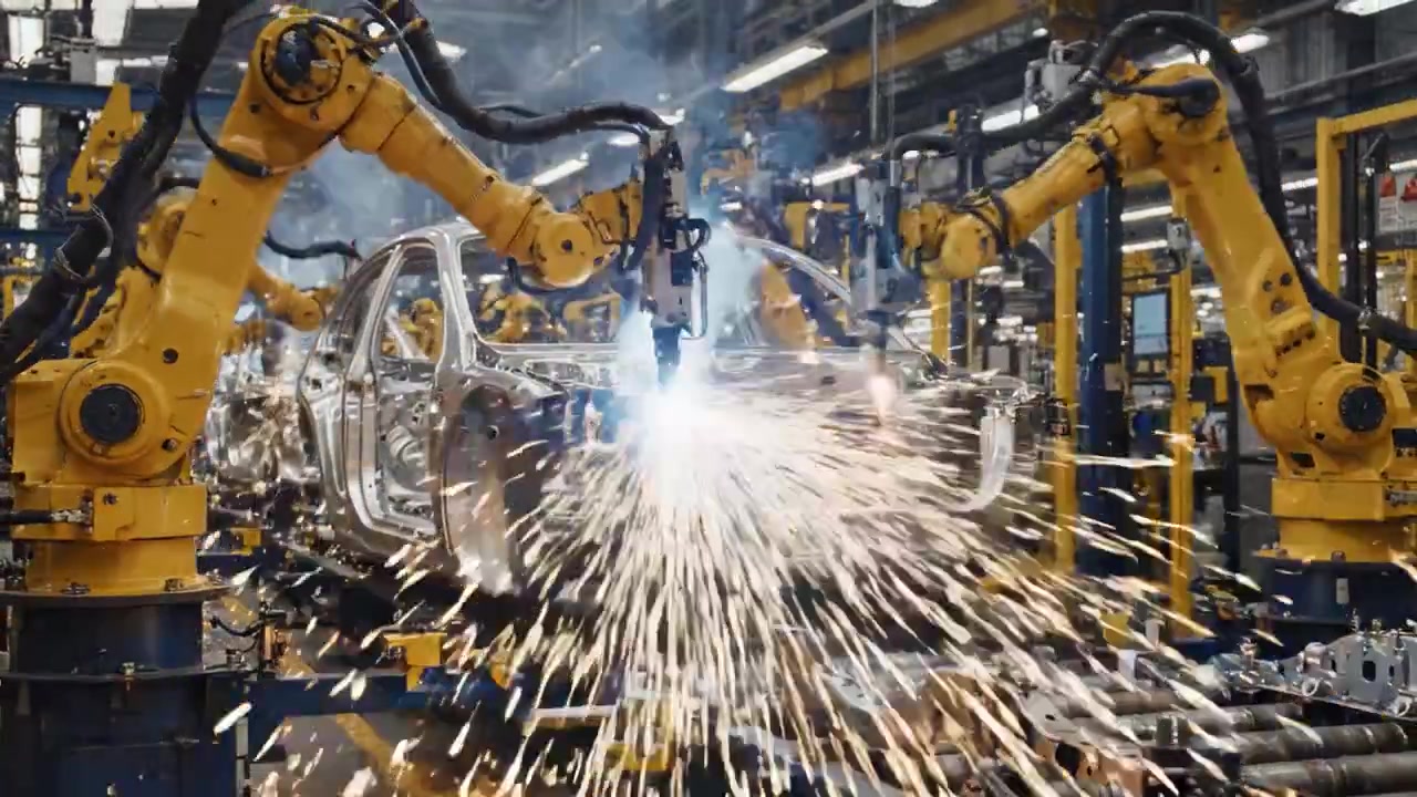 Geautomatiseerd Robotlasproces in een Voertuigproductiefabriek: Hightech Robots Spuwen Vonken Terwijl Ze Autocarrosserieën Assembleren in een Moderne Fabrieksomgeving