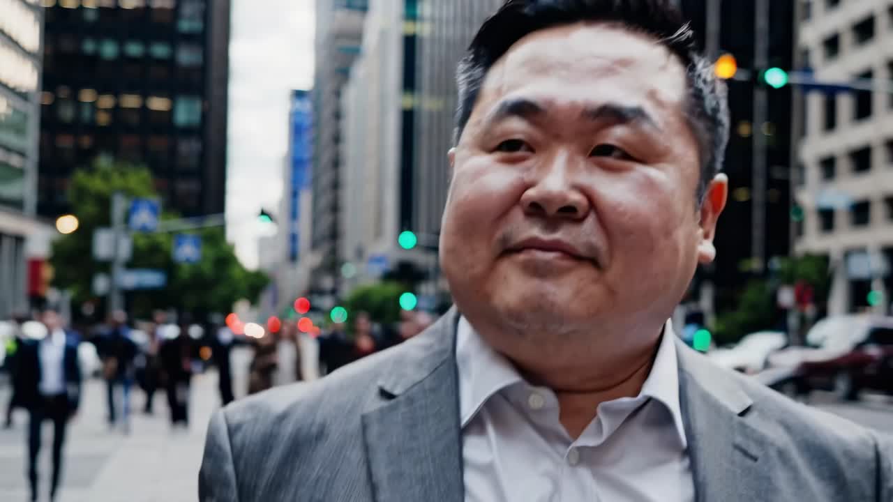 Close-up video shot of a man in a suit on a bustling city street, capturing an urban lifestyle vibe