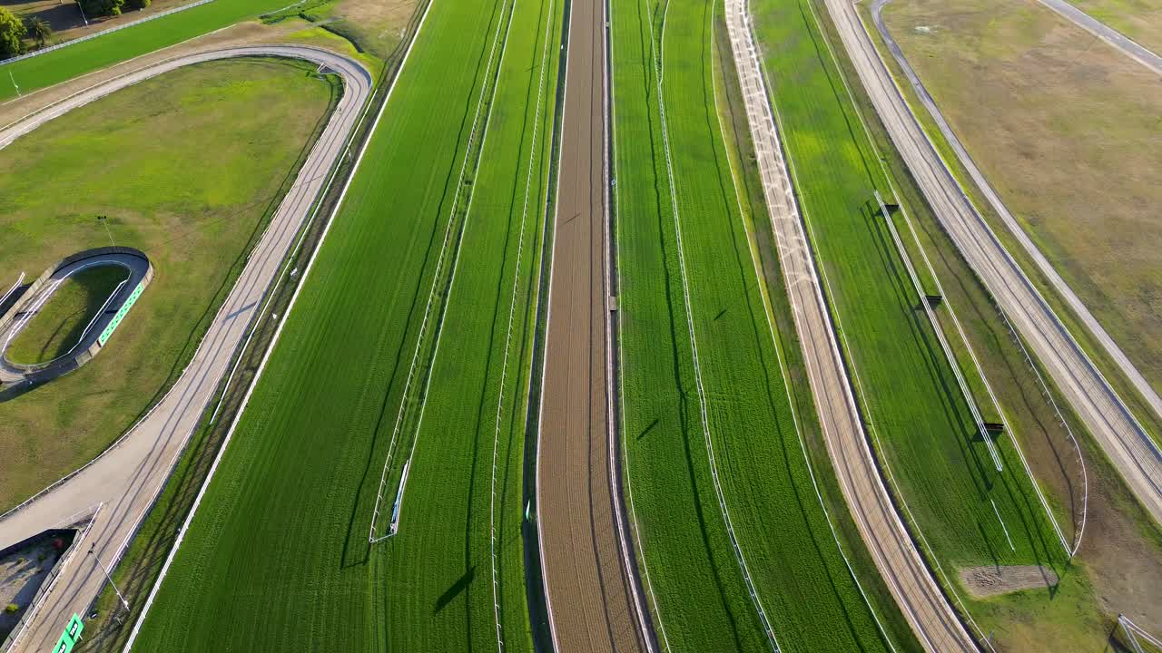 Drone aerial landscape view Royal Randwick Racecourse grounds grass track field sport races fencing lawn gambling horse equestrian tourism NSW Sydney City Randwick Kingsford Australia 4K