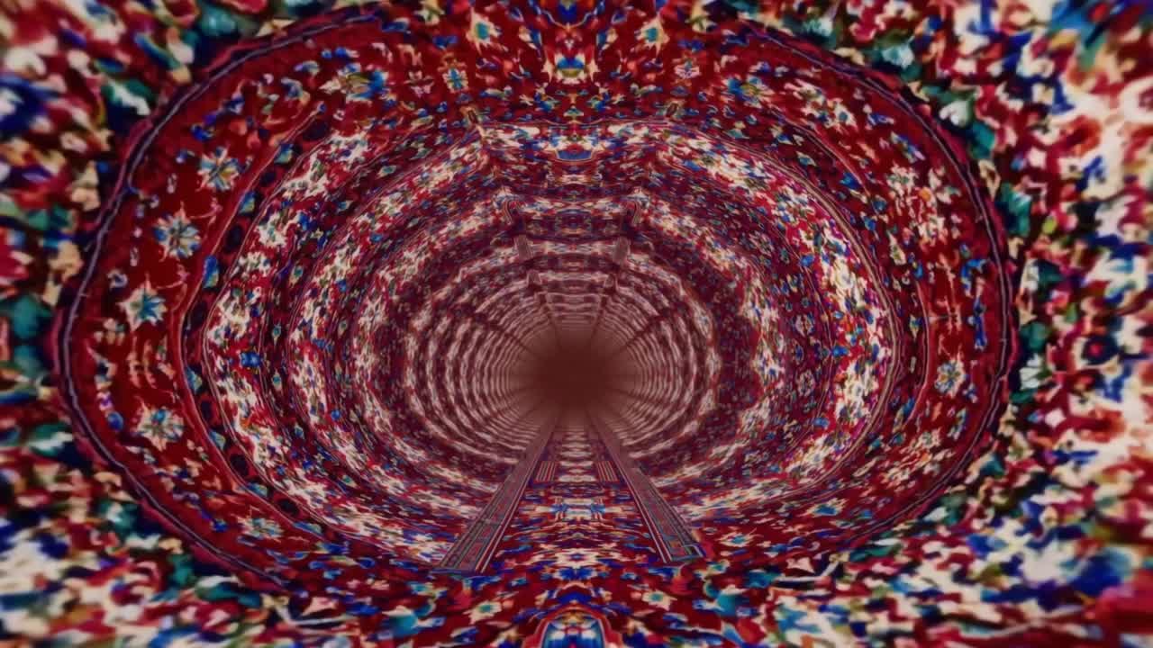 Spiraling tunnel filled with vivid colors and intricate designs, showcasing a captivating flow of motion that draws the viewer deeper into the enchanting scene