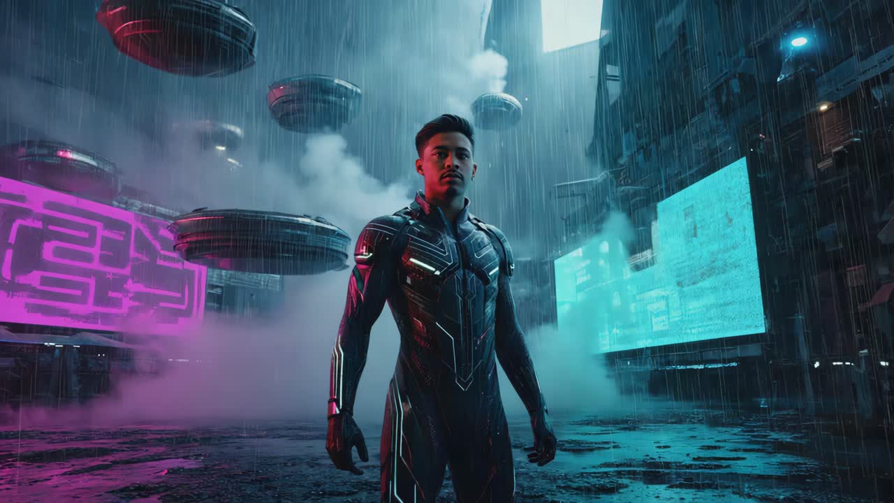 A futuristic cyberpunk cityscape with a man in a high-tech suit