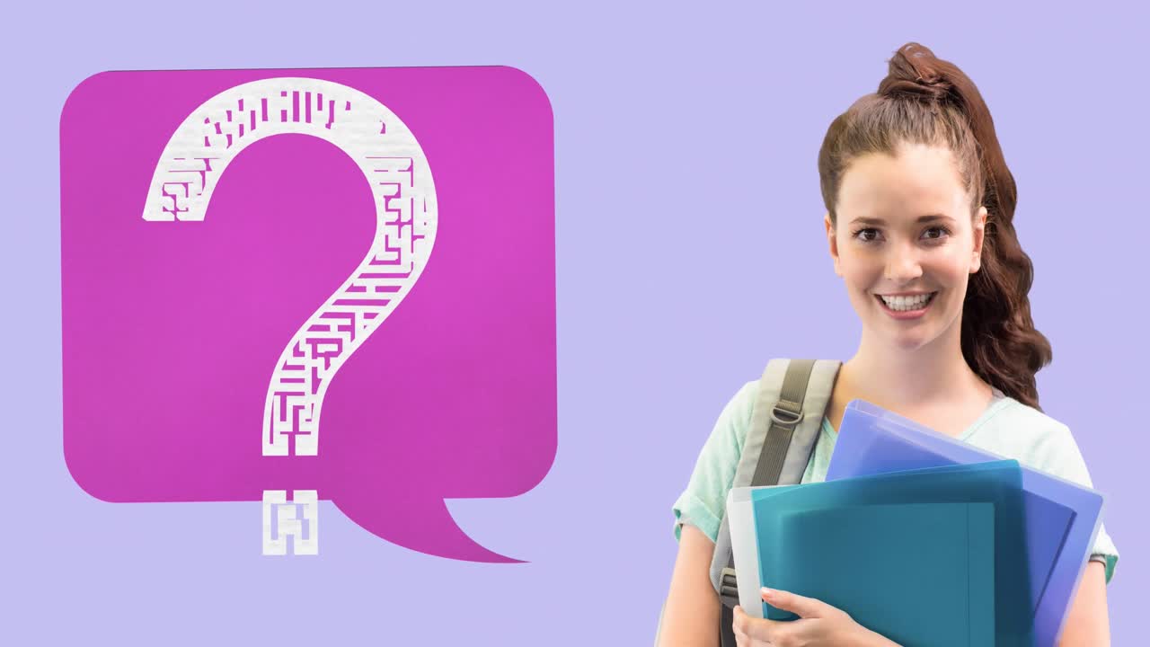 animación de una burbuja de habla con un signo de pregunta sobre una estudiante caucásica