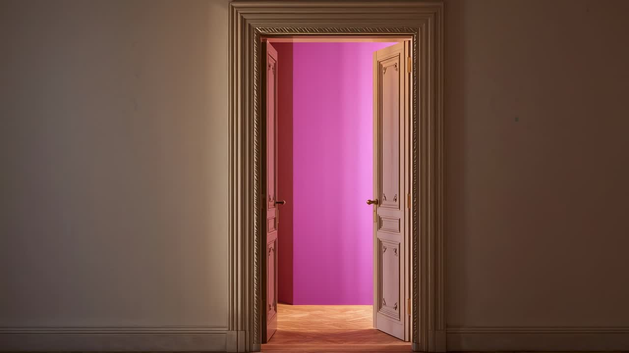 Oscillando dopo una spinta invisibile, porte decorate rivelano un'alcova magenta in un formale corridoio, maniglie in ottone