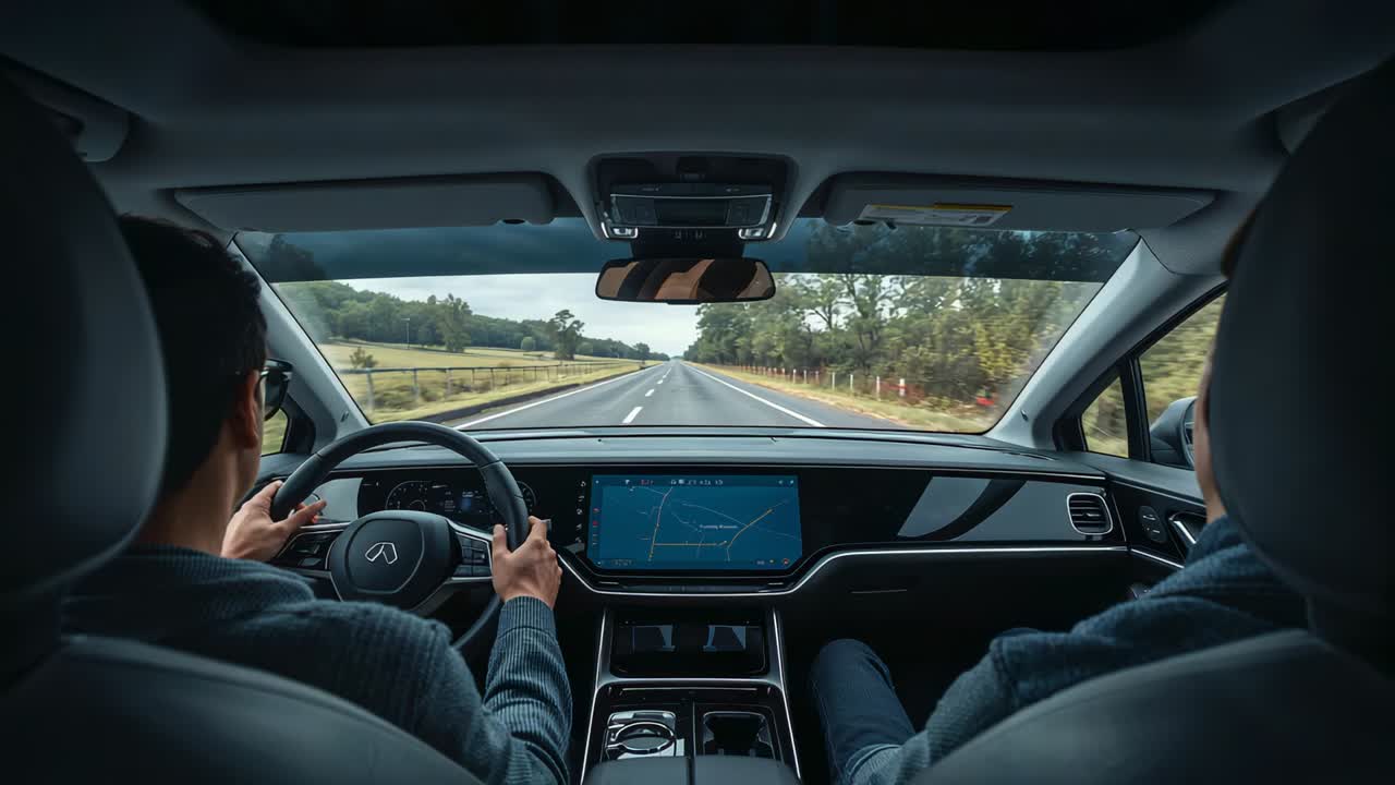 Steering driver with glasses and ribbed sweater keeping lane as fields pass on rural highway map