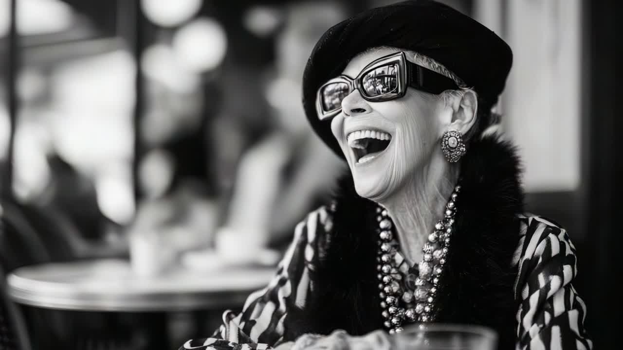 A Joyful Elegance: Capturing the Timeless Beauty of a Sophisticated Woman with Glamorous Accessories and a Radiant Smile in a Cozy Café Setting