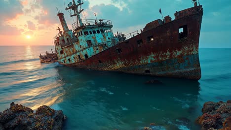 rusty shipwreck at sunset