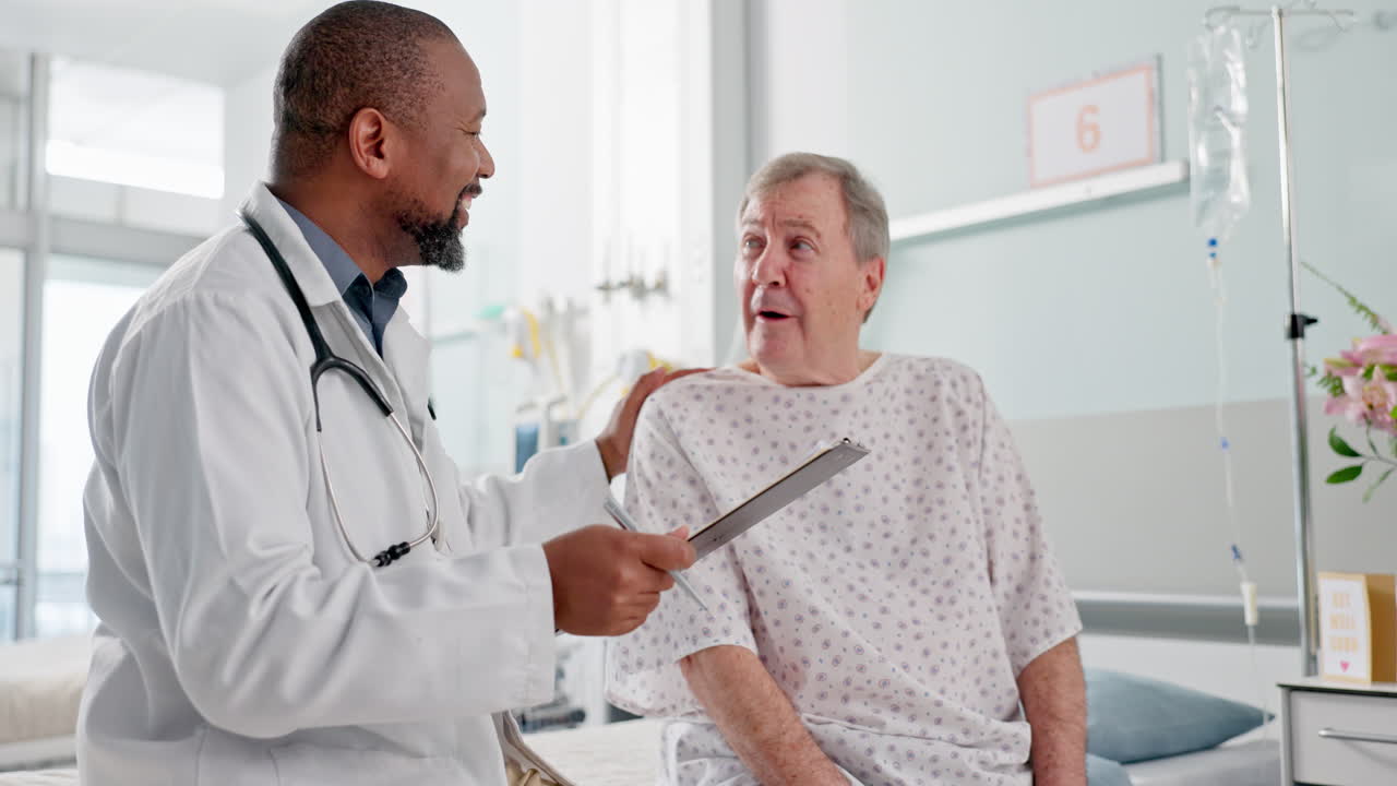 Senior man, doctor and clipboard for hospital