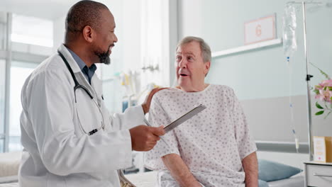 senior man, doctor and clipboard for hospital