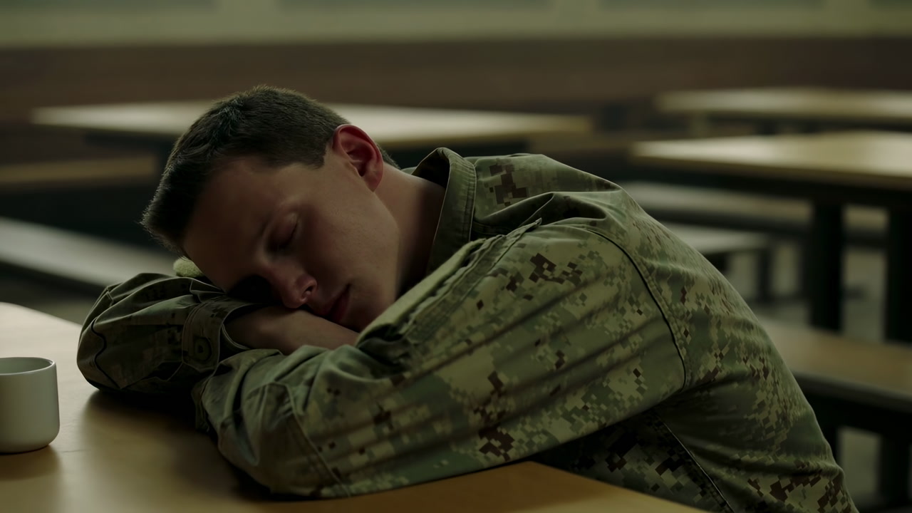 Caucasian Soldier Asleep At Cafeteria Table, Uniformed Young Male Rests Head On Folded Arms Beside Coffee Mug,
