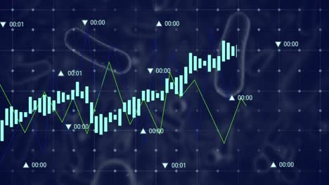 Animation-of-financial-data-processing-over-blood-vessels-floating-against-blue-background