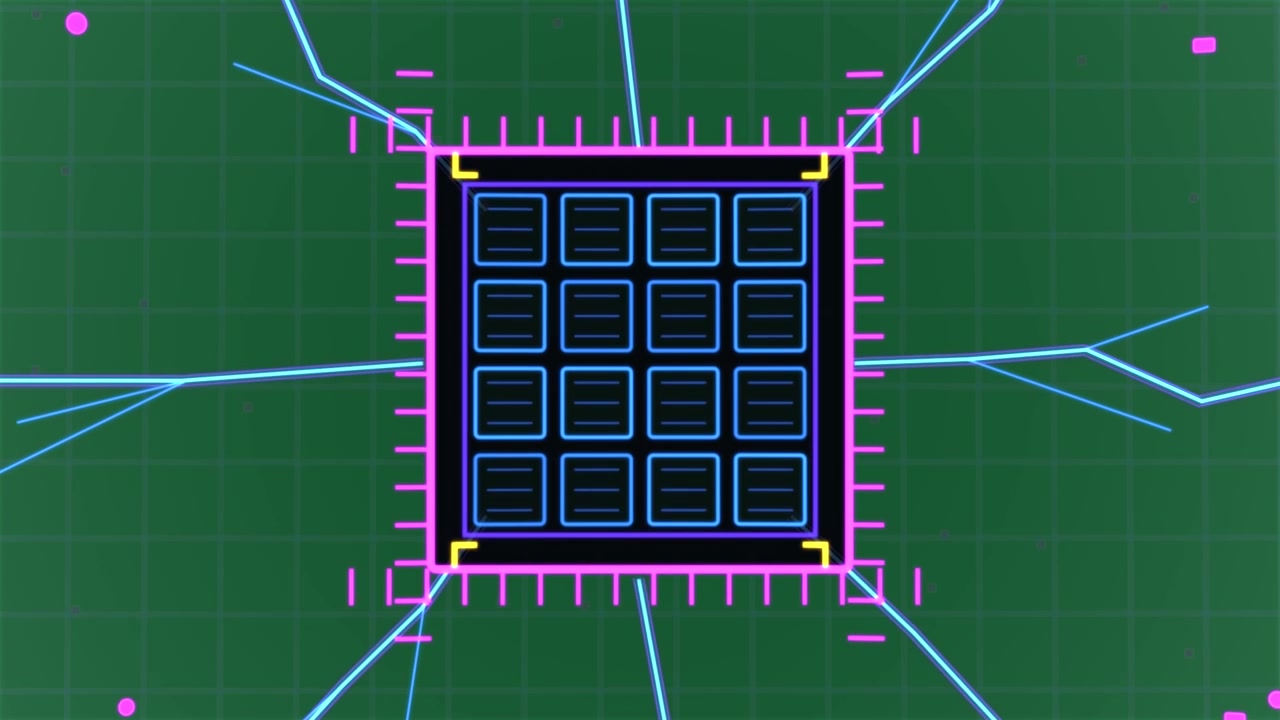 Top-left tri starting chip morphing, grid lighting, lines branching, powering core, transparent