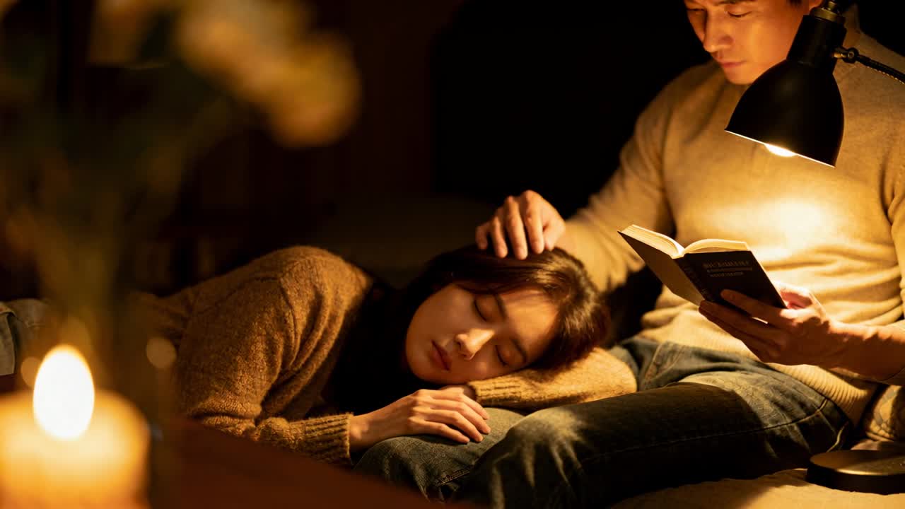 거실에서 책을 읽는 남자가 스웨터를 입고 무릎에 머리를 대고 잠든 여자의 머리를 쓰다듬는 모습, 책, 램프, 양초.