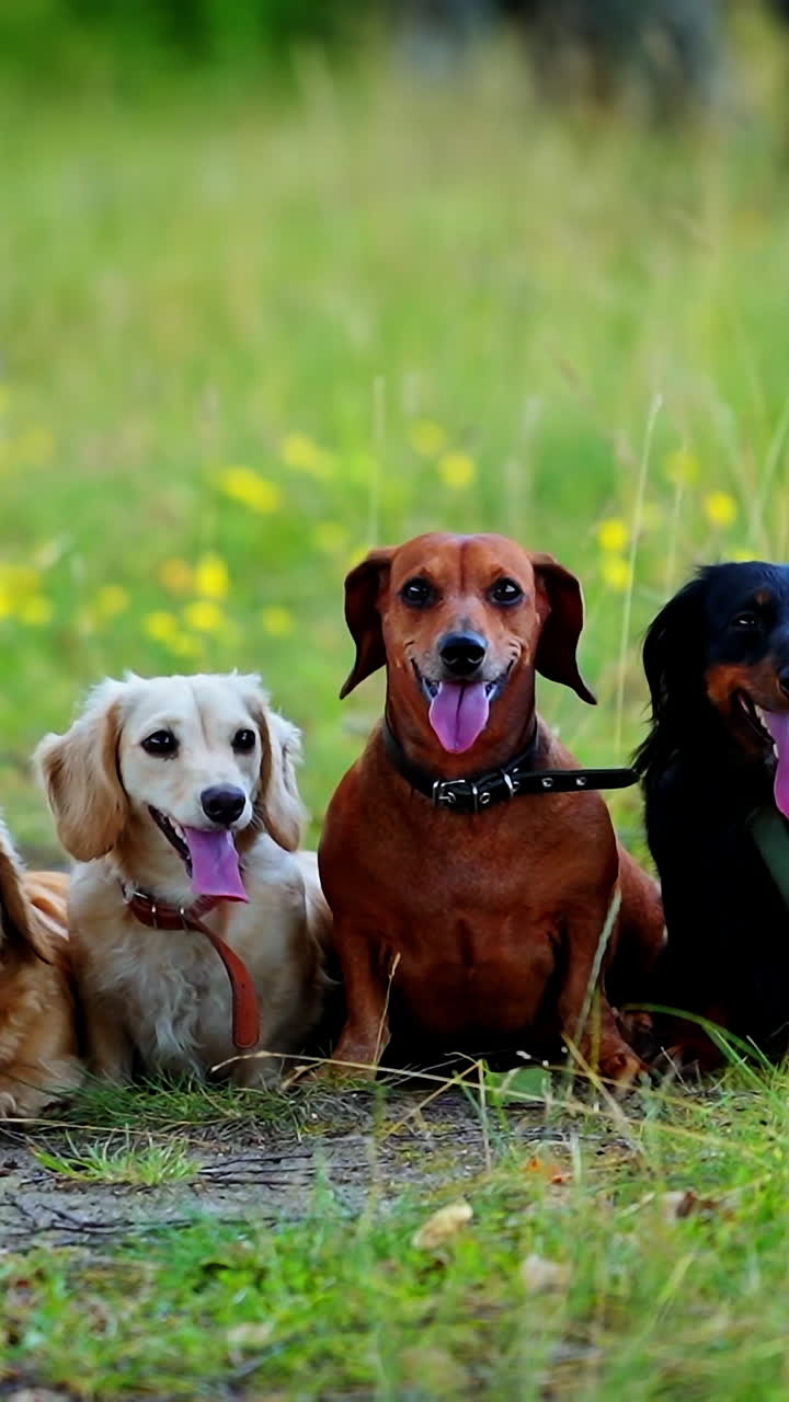 Portrait of group of dogs. Pet animals sitting on green grass and breath showing long tongues in hot weather. Beautiful dachshund dogs outdoors. Vertical video