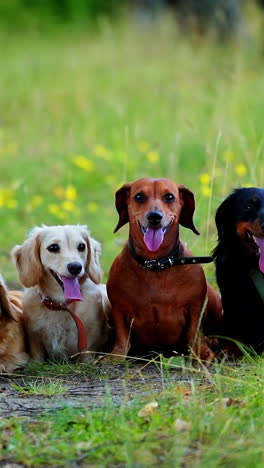 portrait of group of dogs. pet animals sitting on green grass and breath showing long tongues in hot weather. beautiful dachshund dogs outdoors. vertical video