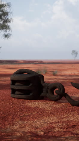 una vieja polea oxidada en un paisaje desértico