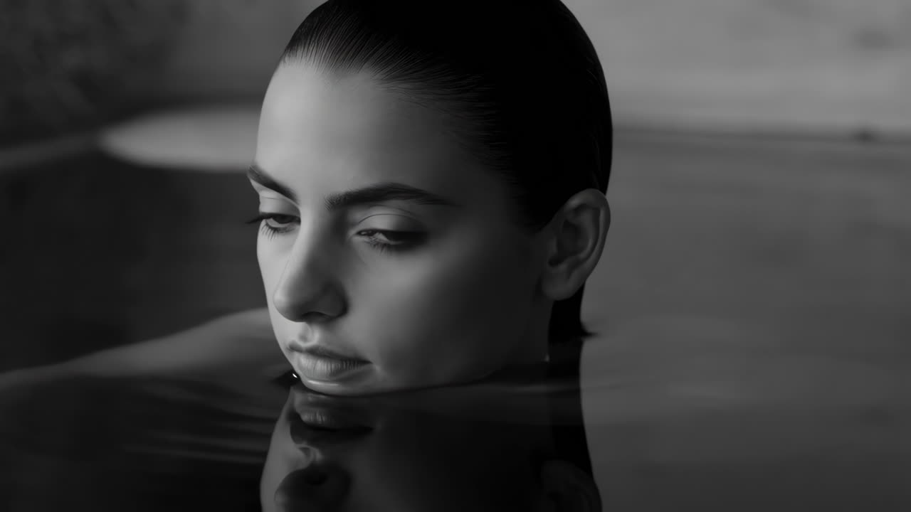 Black and White Portrait of a Woman Reflected in Water