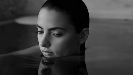 black and white portrait of a woman reflected in water
