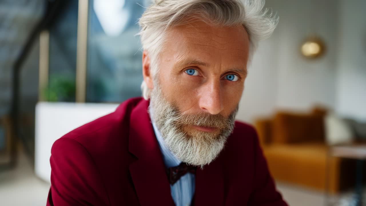 Uomo maturo e sicuro di sé con intensi occhi azzurri e una barba curata, che emana carisma in un ambiente sofisticato con arredamento moderno e colori vivaci