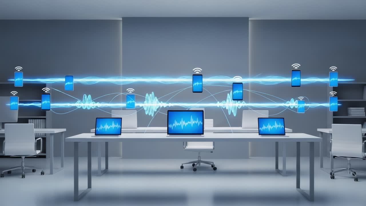 Dynamic Office with Multiple Devices Displaying Waveforms and Connectivity Signals Representing Modern Communication Technology and Data Transmission