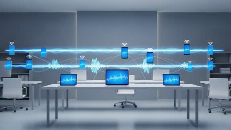 dynamic office with multiple devices displaying waveforms and connectivity signals representing modern communication technology and data transmission