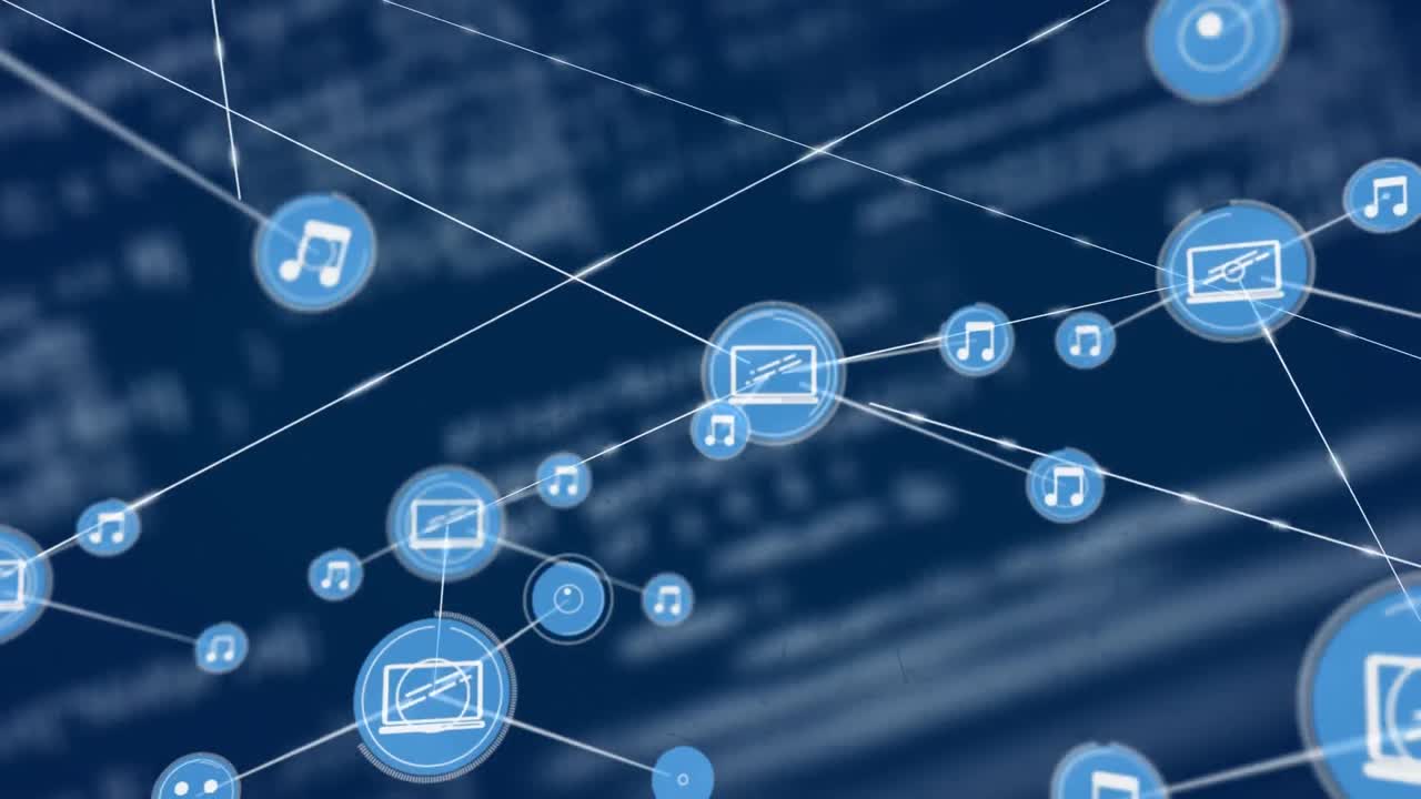 animación de la red de conexiones con iconos sobre el procesamiento de datos sobre fondo azul