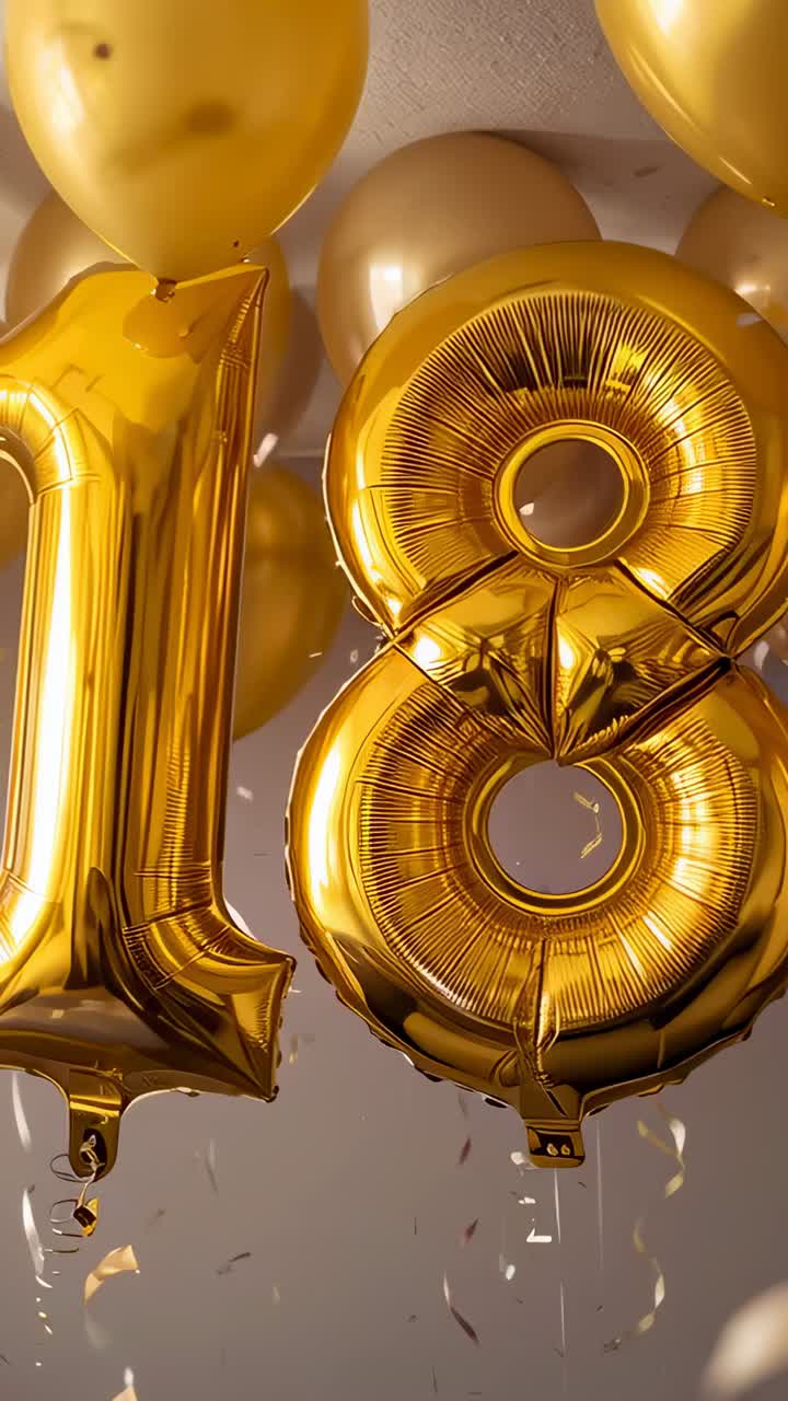 Vertical video: Camera framing gold foil 18 balloons at ceiling, confetti drifting for milestone