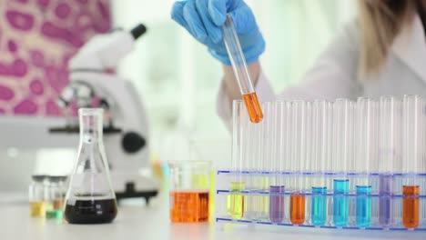 scientist working with colorful liquid samples in test tubes in a laboratory