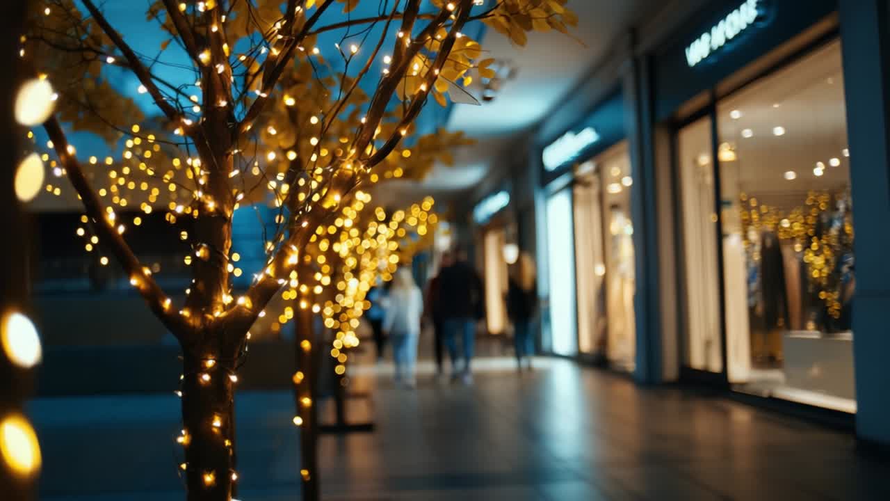 Enchanting Nighttime Stroll Under Glowing Lights: A Serene Urban Setting Showcasing a Beautifully Decorated Pathway with Illuminated Trees, Providing a Magical Atmosphere for Passersby to Enjoy and Experience