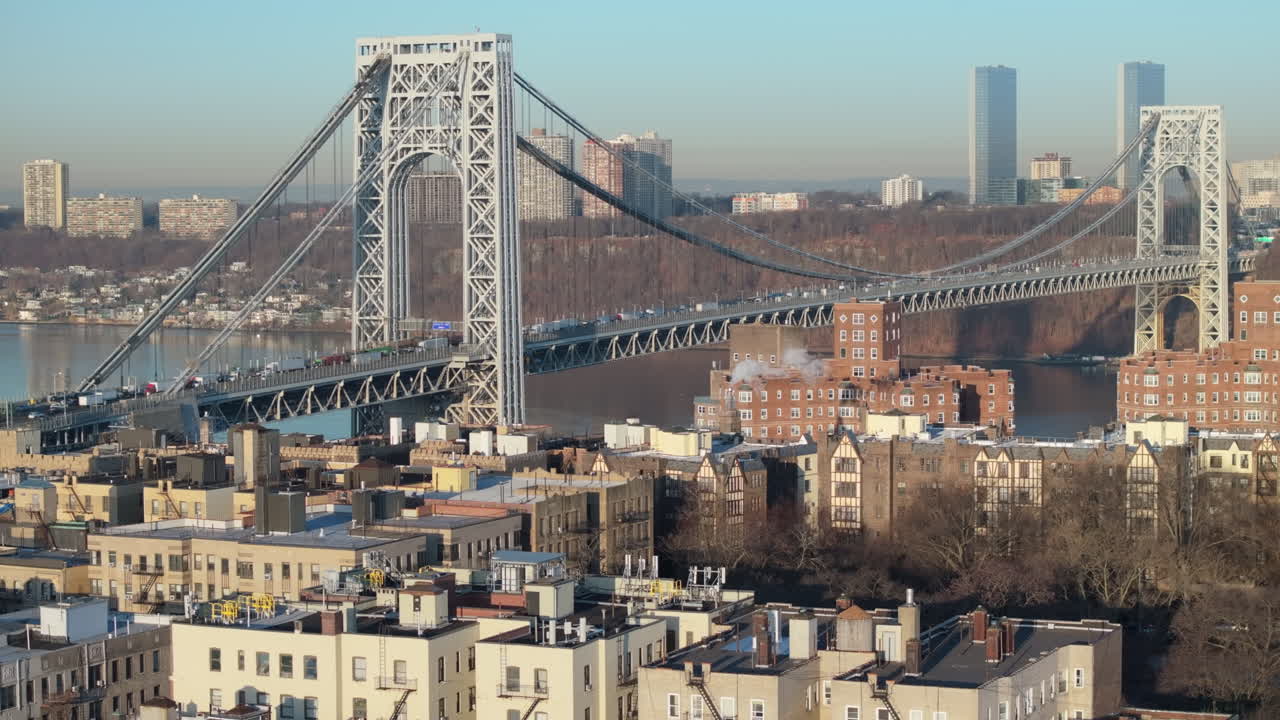 Aerial view of the George Washington Bridge. Shot along The Hudson River in Washington Heights.