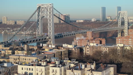 aerial view of the george washington bridge. shot along the hudson river in washington heights.