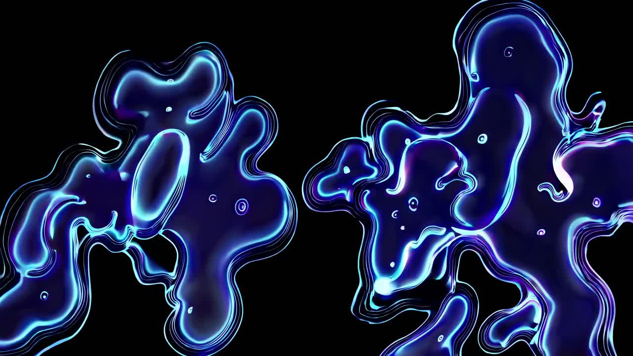 Video arte astratta con un’angolazione dall'alto, con forme blu fluide e luminose su sfondo nero