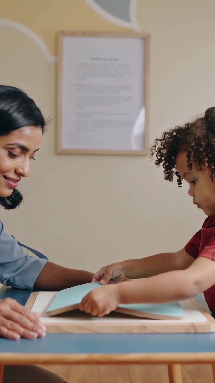Video verticale: Adulto con top blu a casa che stabilizza una tavola e guida un bambino che posiziona un libro blu sul tavolo.