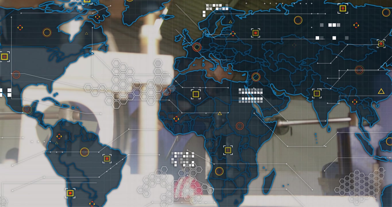 World map fading starting technician aligning metal, pulling lever, visualizing global datastream