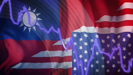 banderas de taiwán y estados unidos con animación de gráficos financieros fluctuantes sobre ellos