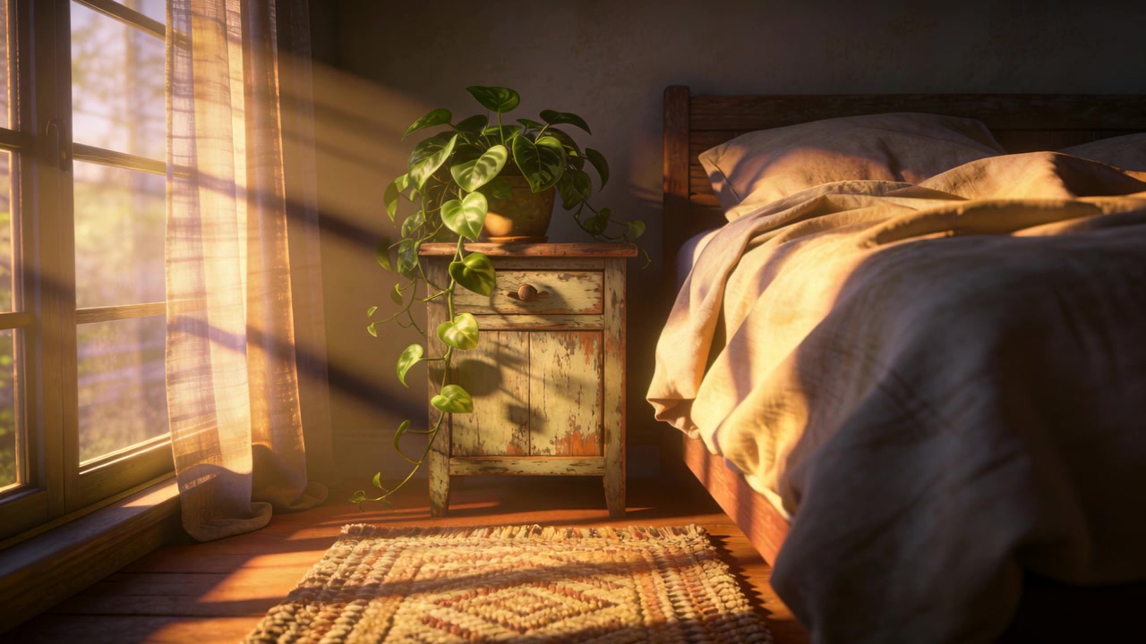 Il sole del mattino filtra su un comodino e un letto in legno nell'angolo della camera da letto, con una pianta rampicante in vaso.