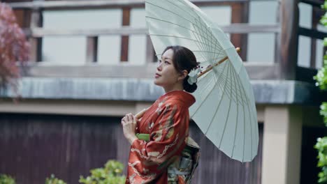 woman in kimono with umbrella in a japanese garden