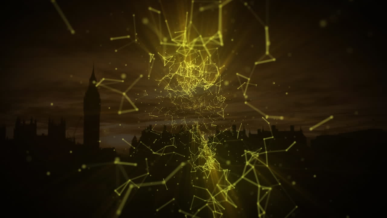 도시 풍경에 맞서 움직이는 노란색 연결 네트워크