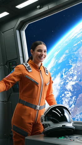 astronaut woman in spaceship looking at earth
